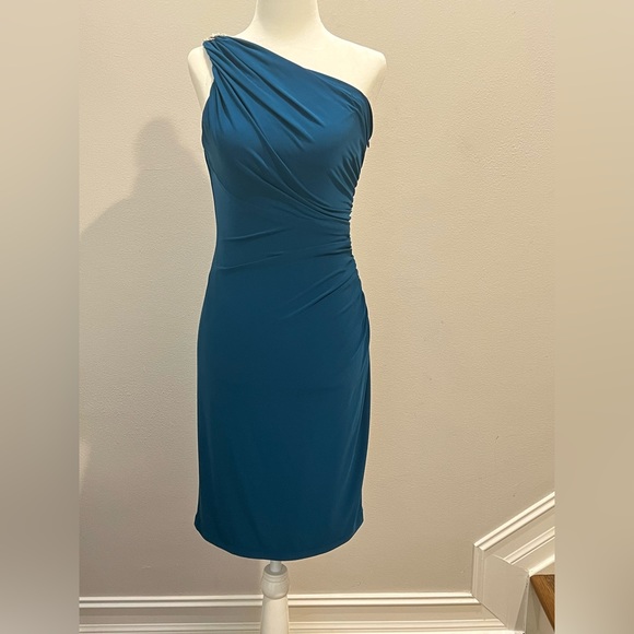 Deep Teal Blue One-shoulder Cocktail Dress w/ Jewel Accent, Side Ruched Size 4 - Picture 4 of 8